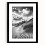 Framed landscape art print showcasing serene sand dunes in neutral tones, elegantly matted and presented in a sleek black frame, ideal for modern home decor.