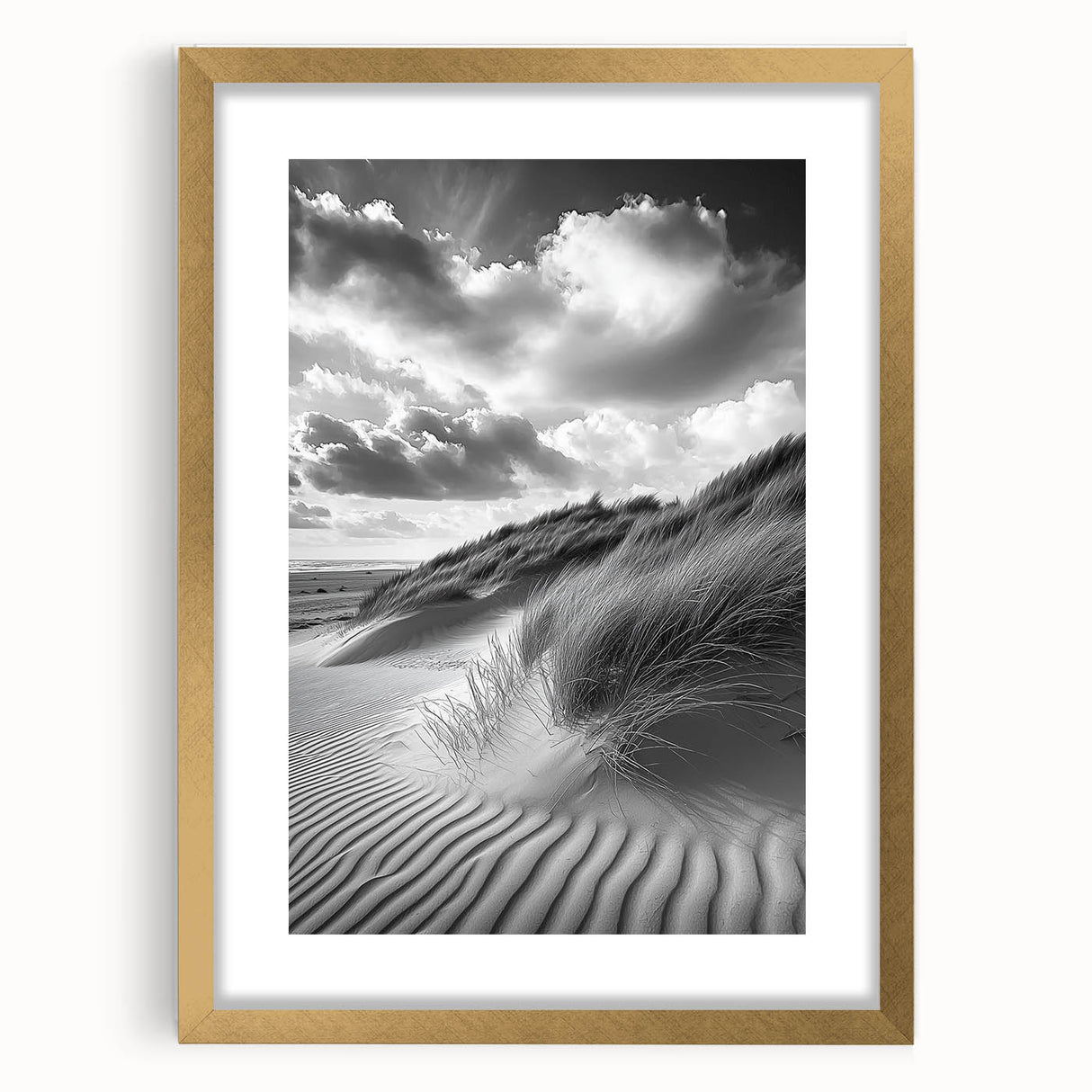 Framed landscape artwork showcasing serene sand dunes with a gold matting, ideal for enhancing modern home decor. Perfect for nature lovers and art enthusiasts.