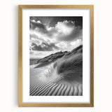 Framed landscape artwork showcasing serene sand dunes with a gold matting, ideal for enhancing modern home decor. Perfect for nature lovers and art enthusiasts.