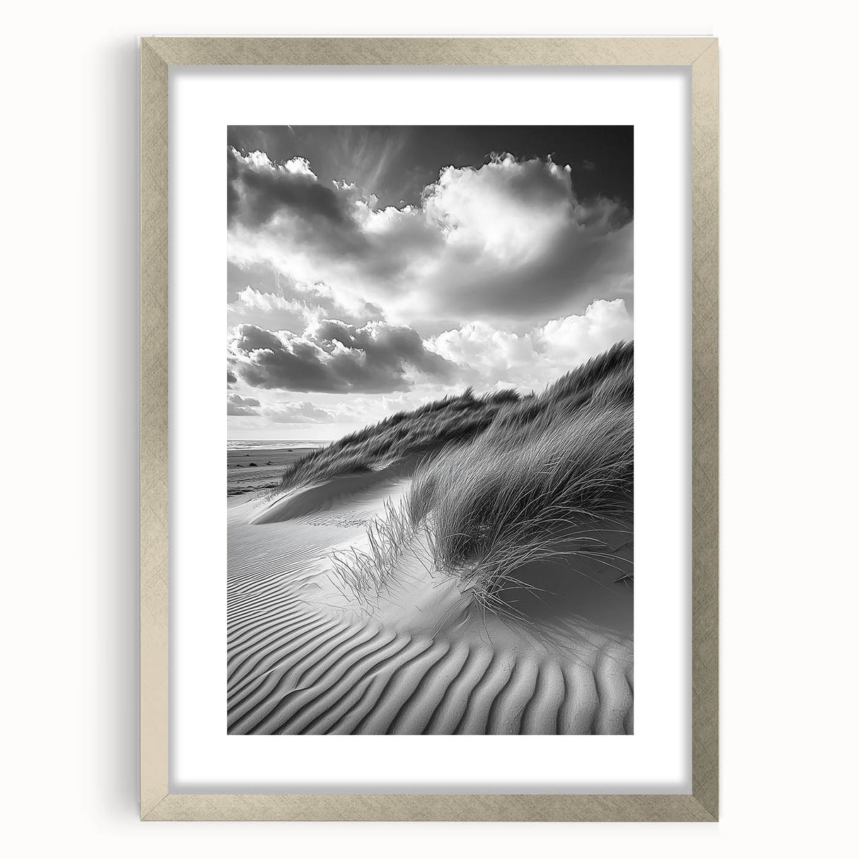 Framed landscape artwork showcasing serene sand dunes in soft beige and warm gold tones, elegantly matted and presented in a sleek silver frame, perfect for home decor.