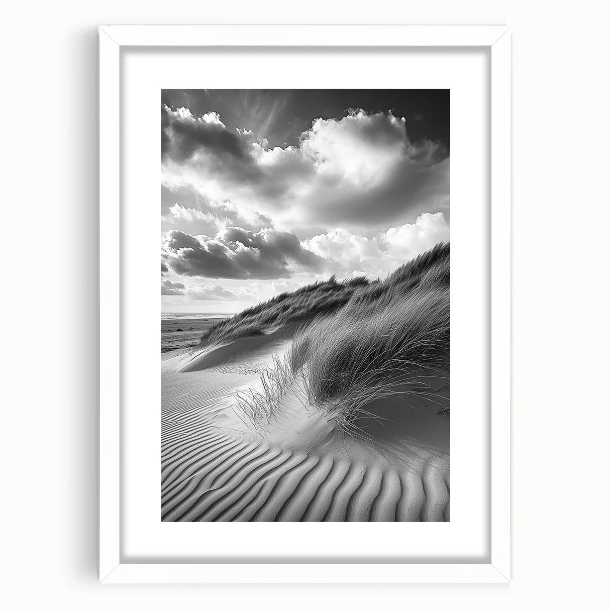 Framed landscape artwork showcasing serene sand dunes in soft beige and muted tones, elegantly matted and designed for modern home decor, front view.