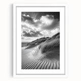 Framed landscape artwork showcasing serene sand dunes in soft beige and muted tones, elegantly matted and designed for modern home decor, front view.