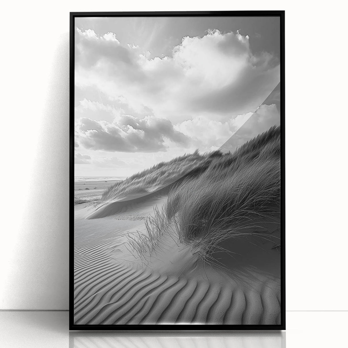 Framed acrylic artwork showcasing a serene landscape of sand dunes, featuring soft beige and golden hues, designed to enhance modern interiors with its elegant presentation.