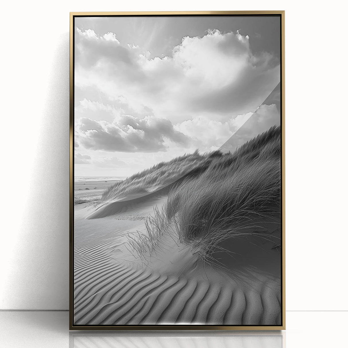 Framed acrylic artwork showcasing a serene desert landscape with golden dunes, highlighting warm tones and modern design elements, ideal for home decor.