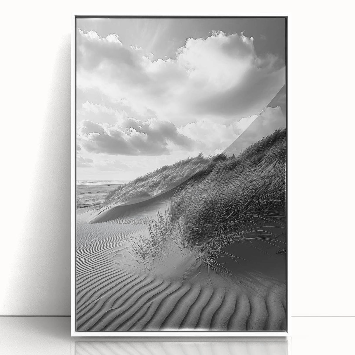 Framed acrylic artwork showcasing serene desert dunes in soft beige and gold tones, presented in a sleek white frame, perfect for modern home decor.