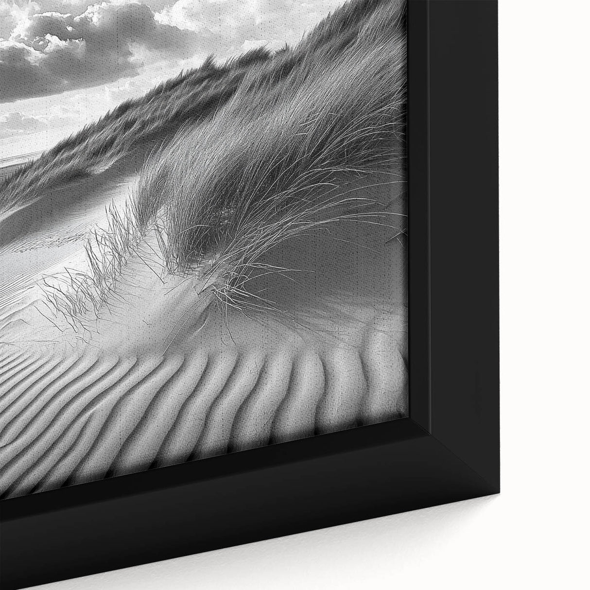 Close-up of a framed canvas depicting serene desert dunes with soft, undulating sands and subtle gradients, showcasing nature's tranquility and beauty. Ideal for home decor.