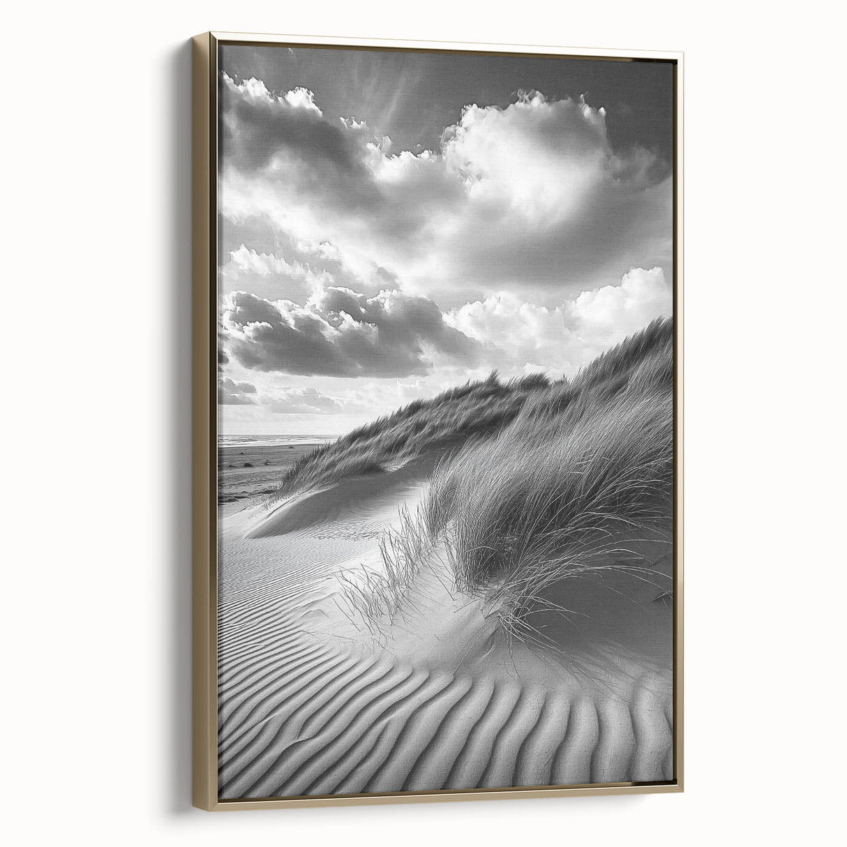 Framed canvas artwork showcasing a serene landscape of rolling sand dunes under a clear blue sky, featuring a gold frame that adds elegance to any decor. Ideal for modern home or office settings.