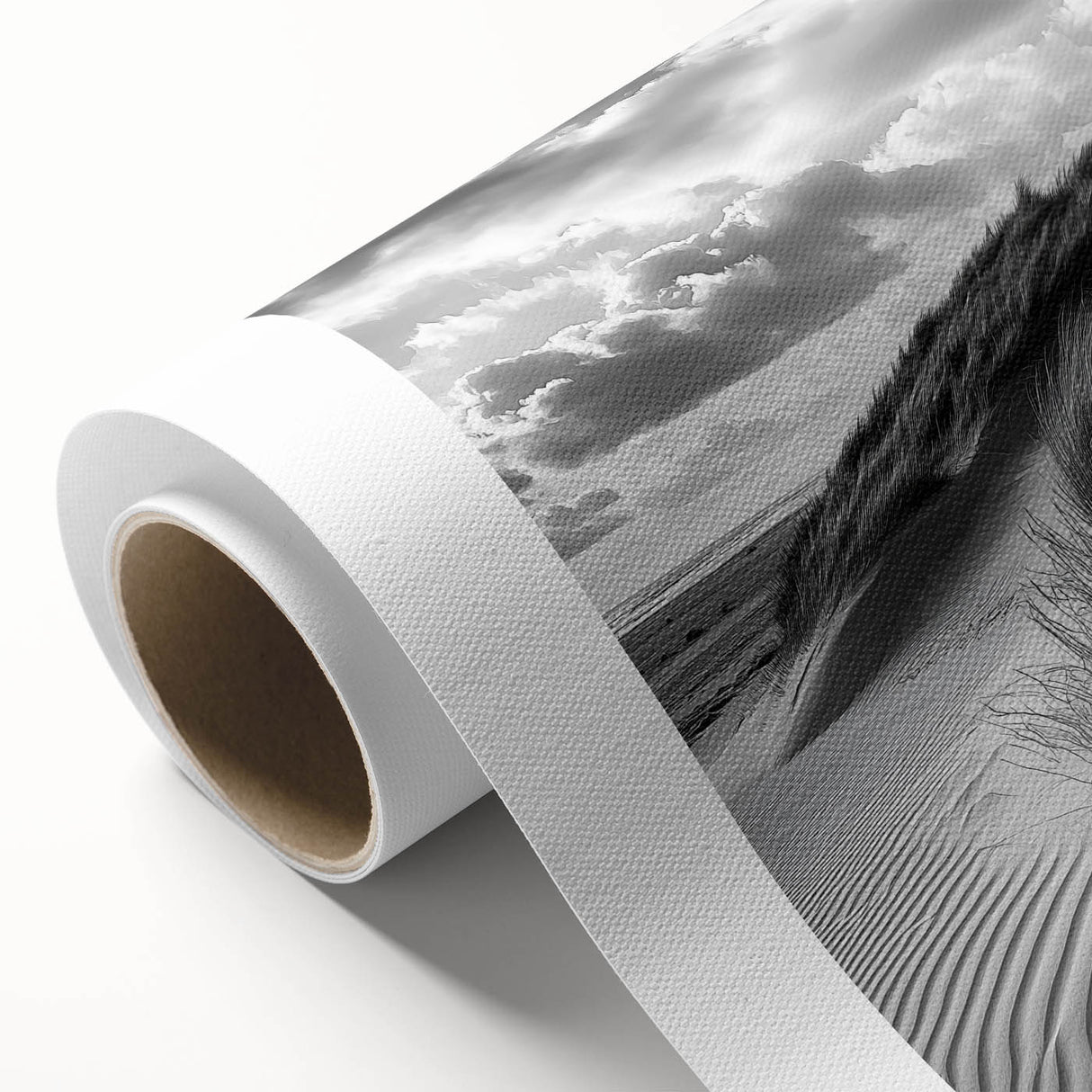 Stunning rolled canvas artwork depicting serene sand dunes under a vibrant sunset, showcasing rich earthy tones and intricate textures, perfect for home decor.