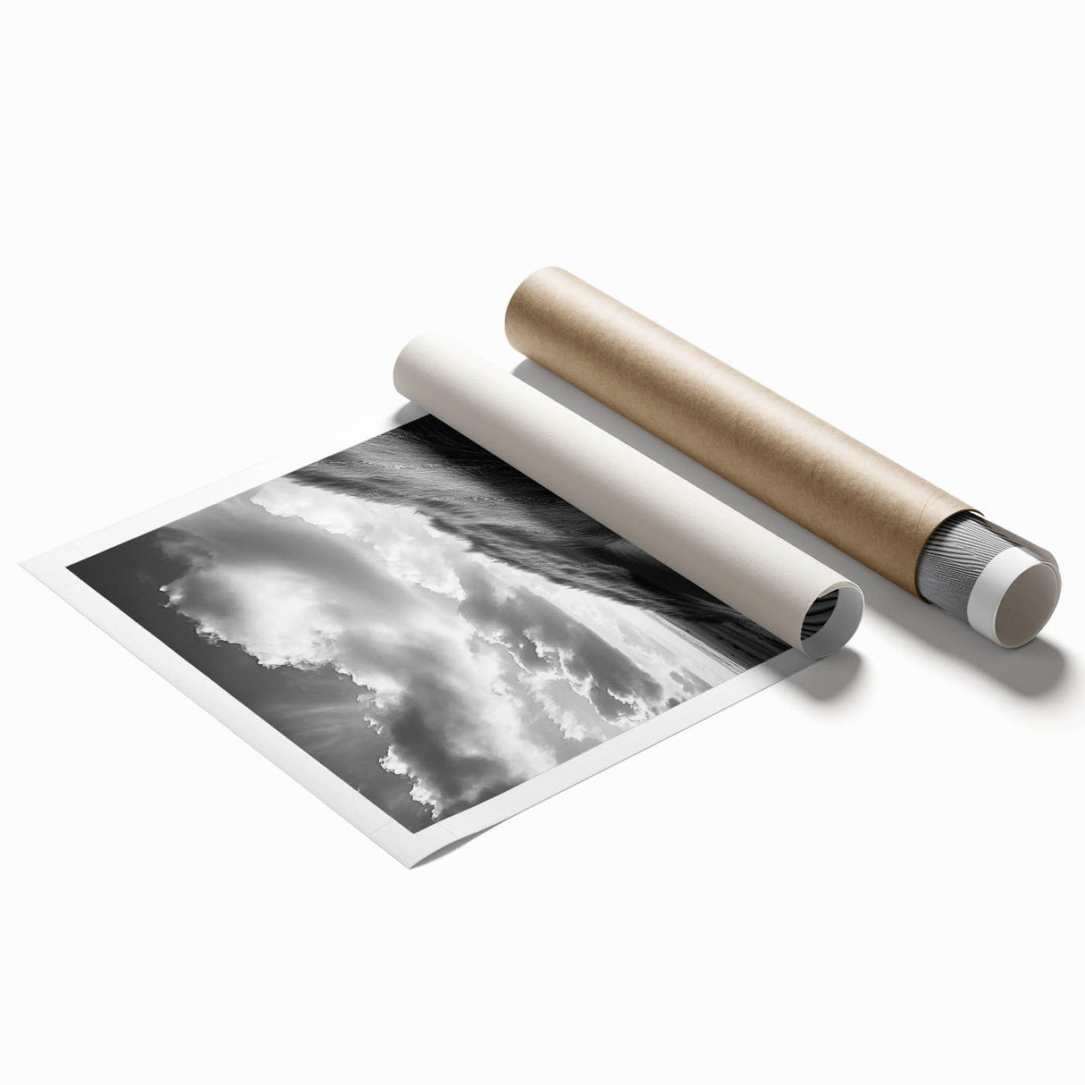 Desert landscape print showcasing vibrant golden dunes under a clear blue sky, rolled and packed in a protective cardboard tube for easy shipping.