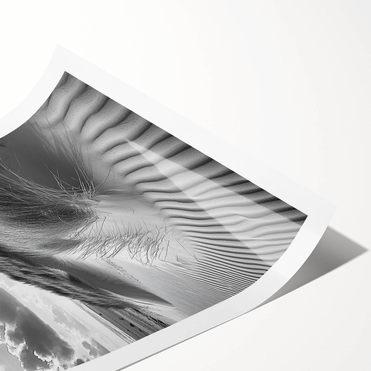 Dune landscape art print rolled and ready for display, showcasing soft beige and golden hues, perfect for enhancing modern home decor.