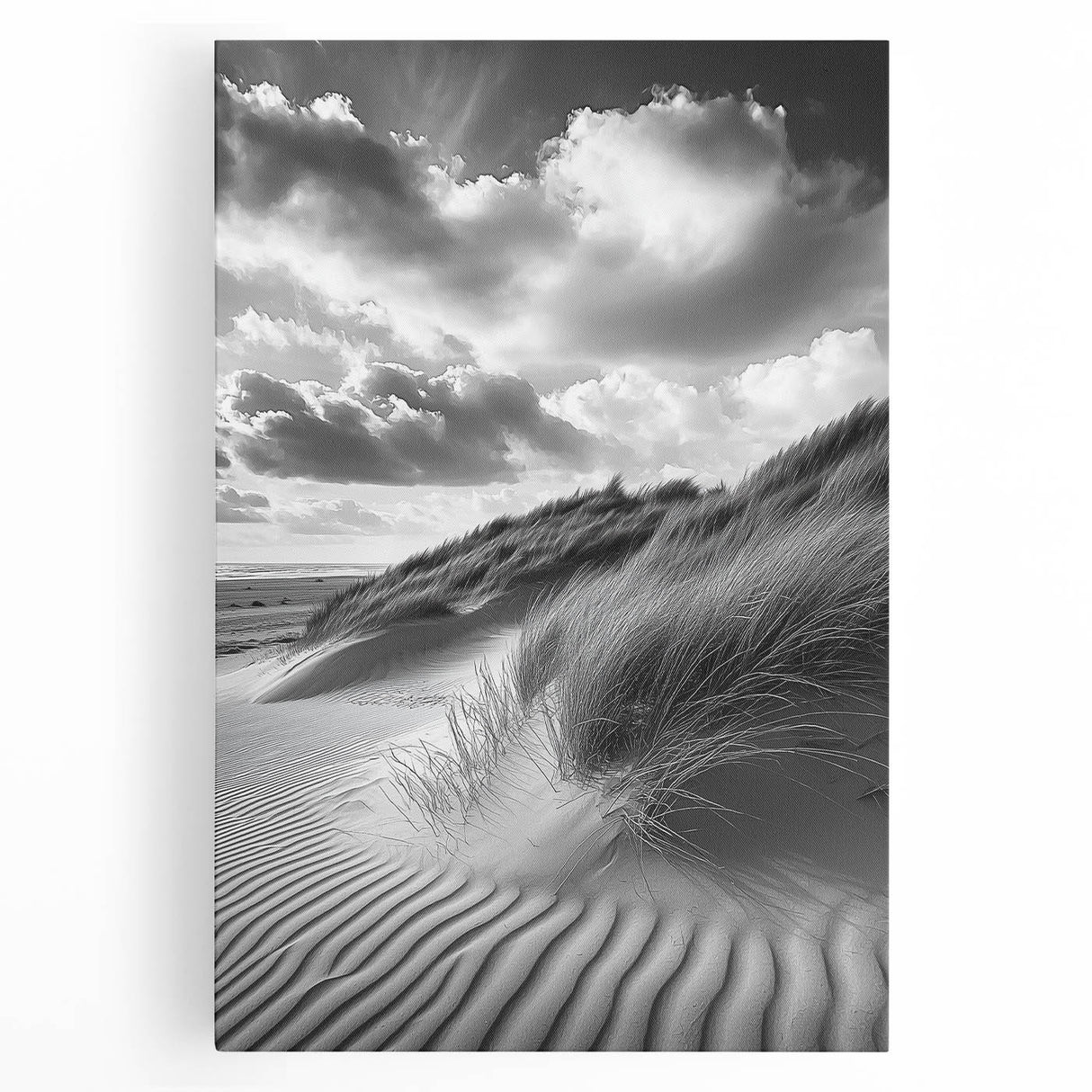 Stretched canvas art showcasing serene desert dunes at sunset, featuring warm golden and orange hues, perfect for modern home decor and nature enthusiasts.