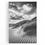 Stretched canvas art showcasing serene desert dunes at sunset, featuring warm golden and orange hues, perfect for modern home decor and nature enthusiasts.
