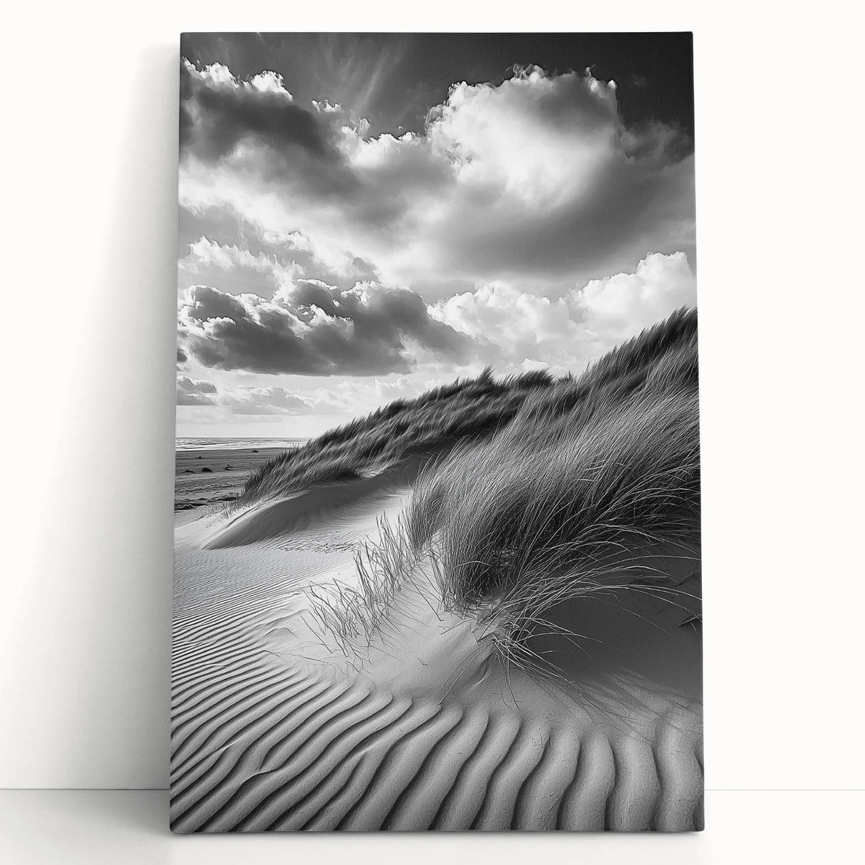 Stretched canvas artwork depicting serene sand dunes at sunset, showcasing soft beige and warm orange hues, perfect for enhancing modern home decor.