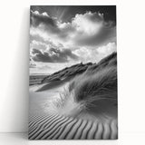 Stretched canvas artwork depicting serene sand dunes at sunset, showcasing soft beige and warm orange hues, perfect for enhancing modern home decor.