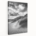 Stretched canvas artwork depicting serene sand dunes at sunset, showcasing warm golden and orange hues, perfect for enhancing living spaces with a tranquil vibe.