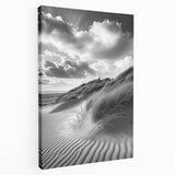 Stretched canvas artwork depicting serene sand dunes at sunset, showcasing warm golden and orange hues, perfect for enhancing living spaces with a tranquil vibe.