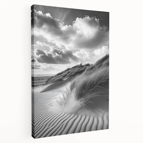 Stretched canvas artwork depicting serene sand dunes at sunset, showcasing warm golden and orange hues, perfect for enhancing living spaces with a tranquil vibe.