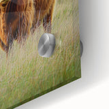 Close-up of a vibrant acrylic landscape artwork showcasing rolling green fields under a bright blue sky, highlighting intricate brush strokes and vivid colors.