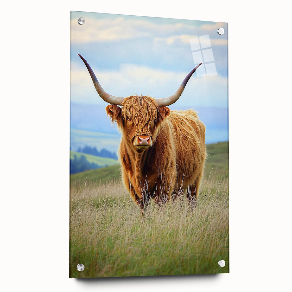 Vibrant acrylic landscape artwork showcasing a serene field view, presented in a sleek glass frame with decorative pins, perfect for home decor.