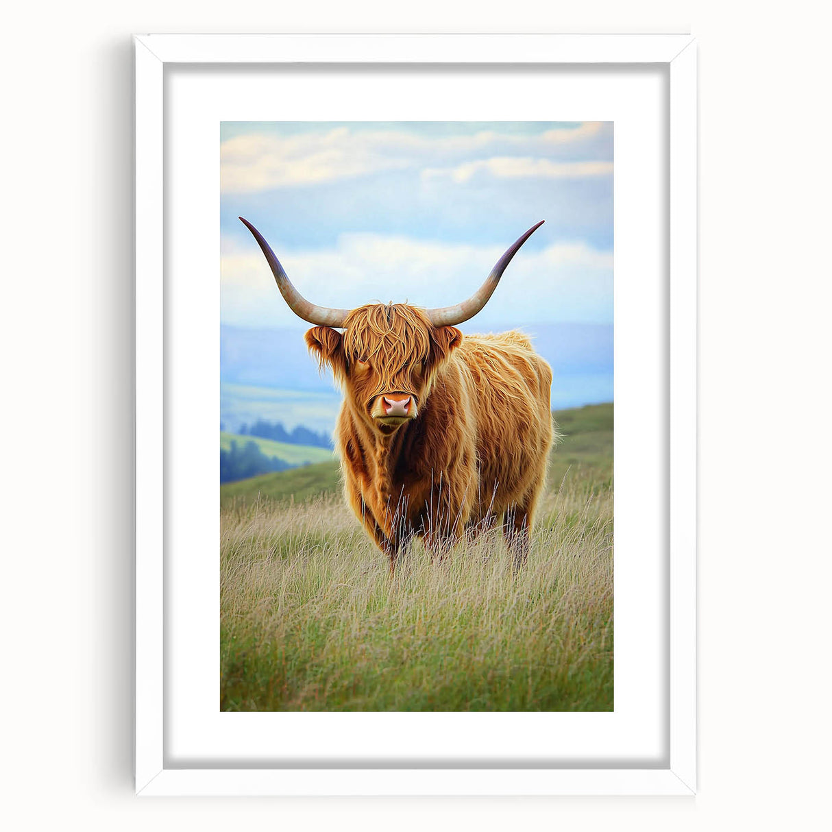 Elegant white-framed landscape print featuring vibrant green fields, designed to enhance home decor with a modern touch. Ideal for nature enthusiasts and art collectors.