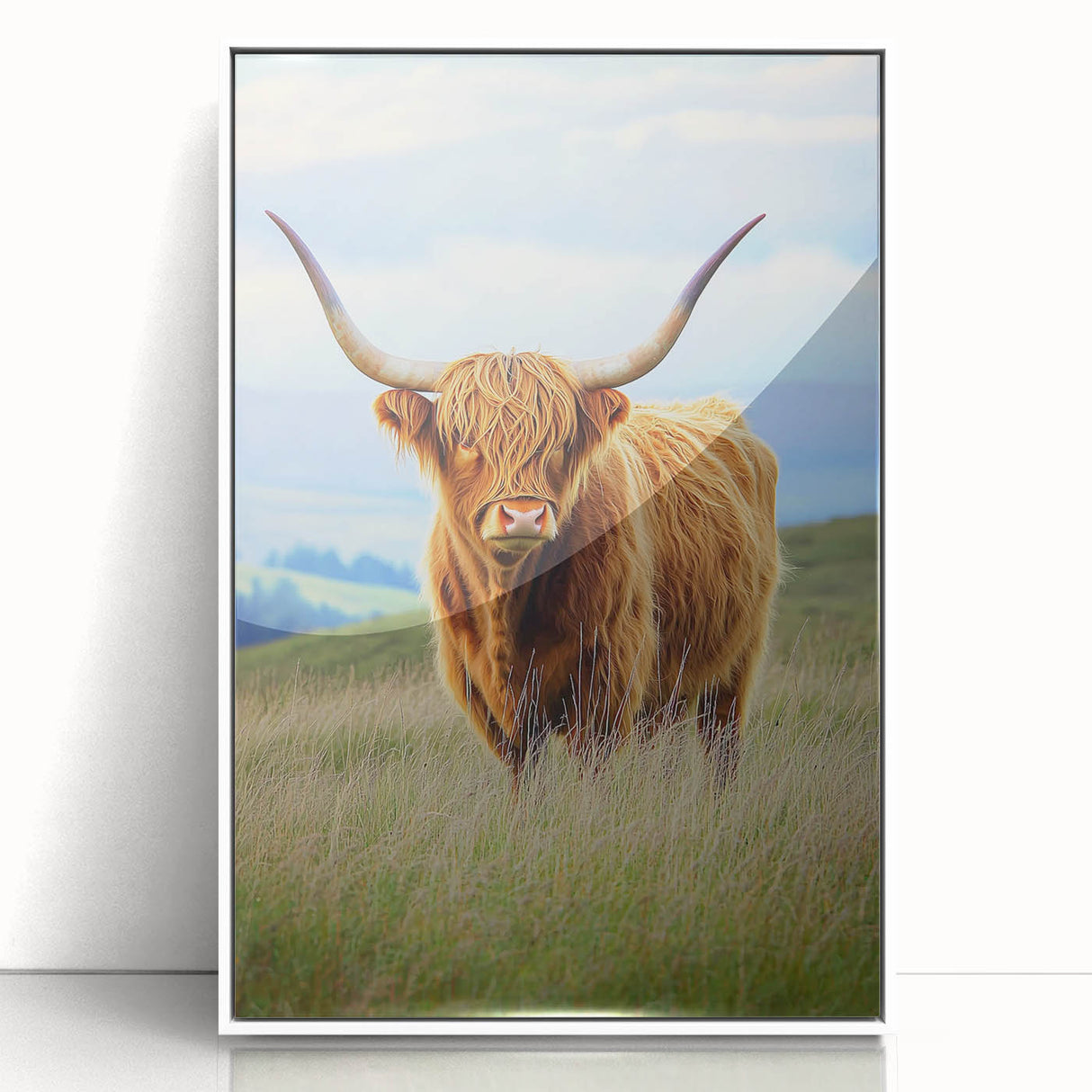 Framed acrylic landscape artwork depicting vibrant green fields under a bright blue sky, showcasing a peaceful rural scene with white framing for an elegant finish.
