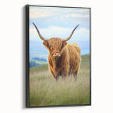 Framed canvas artwork showcasing a serene landscape with vibrant fields in rich greens and yellows, displayed in a sleek black frame, ideal for home decor.