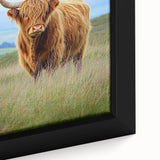 Close-up of a framed canvas print showcasing vibrant green fields under a bright blue sky, perfect for adding a refreshing touch to home decor. Ideal for nature lovers seeking landscape artwork to enhance their living space.
