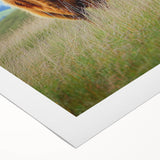 Vibrant rolled canvas showcasing a serene landscape with lush green fields under a bright blue sky, elegantly packaged in a protective cardboard tube for easy transport.