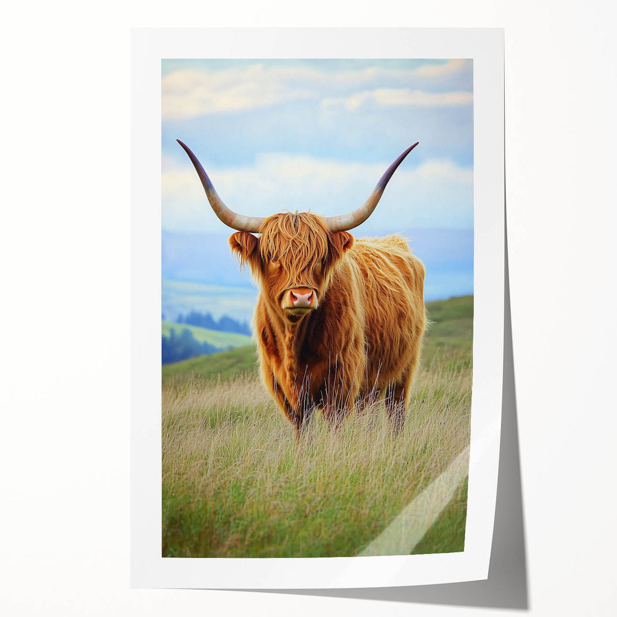 Vibrant rolled print showcasing a serene landscape of golden fields under a bright blue sky, expertly crafted for home decor. Perfect for nature lovers seeking a calming ambiance.