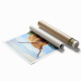 Rolled print showcasing a vibrant landscape scene with lush green fields under a blue sky, elegantly packaged in a protective cardboard tube for display.
