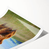 Vibrant rolled canvas print depicting a serene landscape of rolling green fields under a clear blue sky, elegantly packaged in a durable cardboard tube for safe shipping.