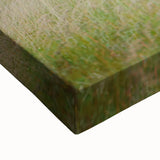 Close-up of a stretched canvas depicting vibrant green landscapes with golden fields, showcasing intricate brushwork and rich textures, perfect for home decor.