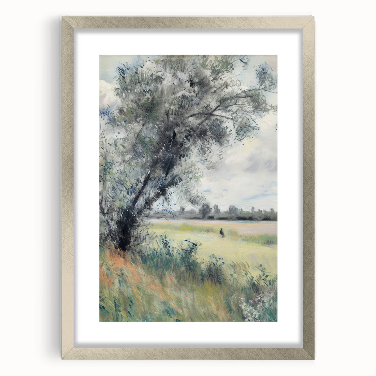 Silver-framed landscape artwork with a white mat, showcasing a serene natural scene. Perfect for home decor, this elegant piece enhances any interior aesthetic.