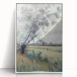 Framed acrylic artwork showcasing a serene landscape with vibrant colors, mounted in a sleek white frame, ideal for modern home decor and aesthetic enhancement.