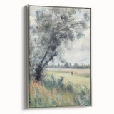 Framed canvas artwork showcasing a serene landscape with vibrant colors and intricate details, presented from a silver side view. Perfect for home decor.