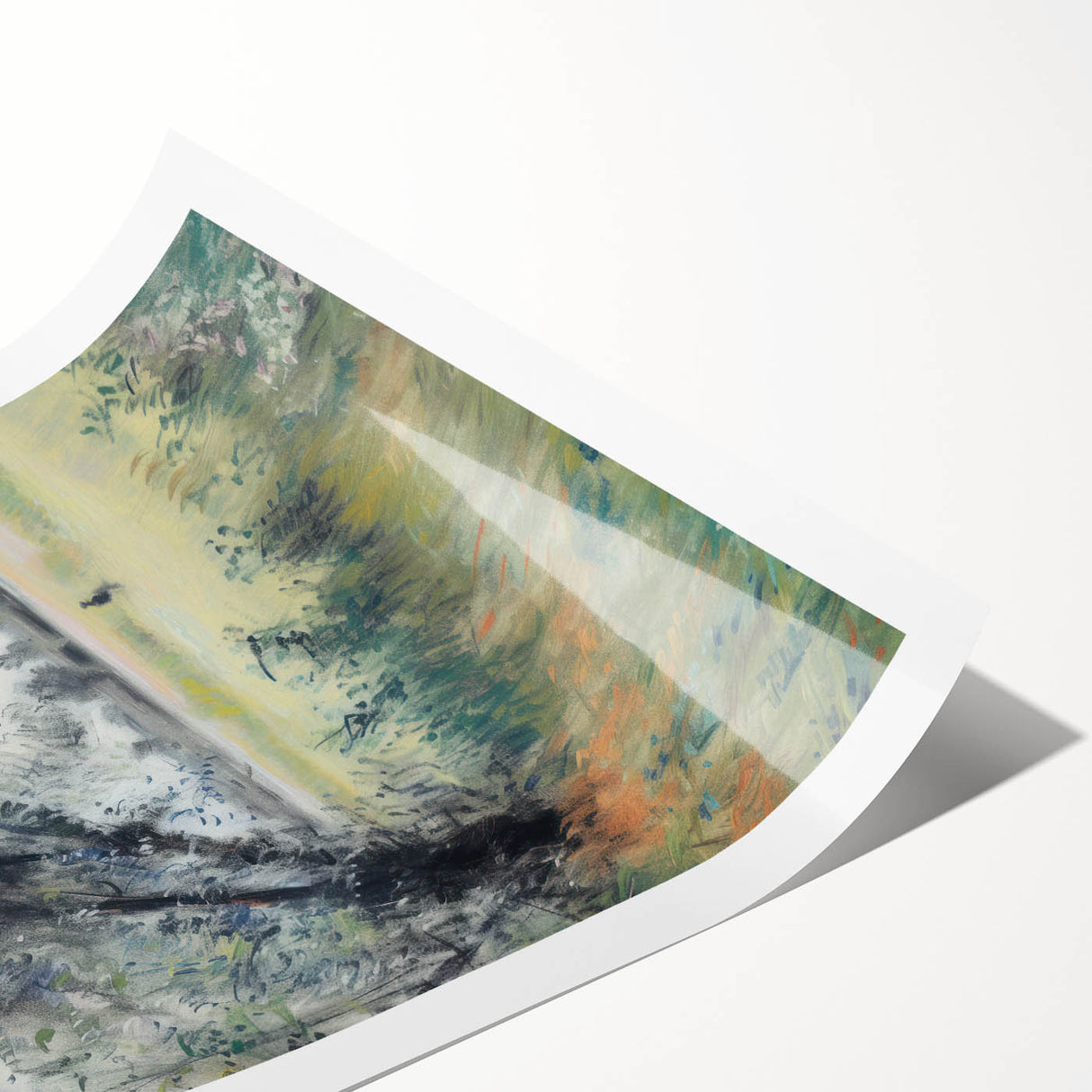 Rolled print showcasing a vibrant landscape design with rich colors and intricate details, elegantly packaged in a protective cardboard tube for easy display.