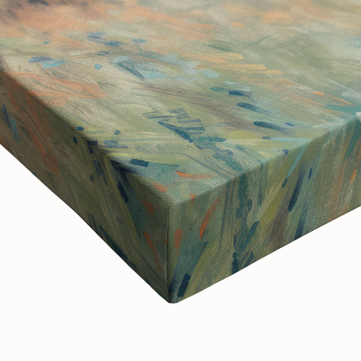 Close-up of a stretched canvas artwork showcasing a vibrant landscape design with rich colors and intricate details, perfect for home decor and art enthusiasts.