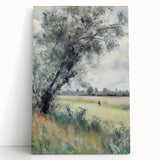 Stretched canvas artwork depicting a serene landscape with vibrant colors and intricate details, elegantly leaning against a wall, ideal for home decor.