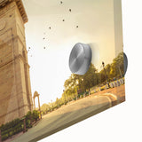 Large abstract wall art featuring a mid-century modernist style with vibrant hues of orange and blue.