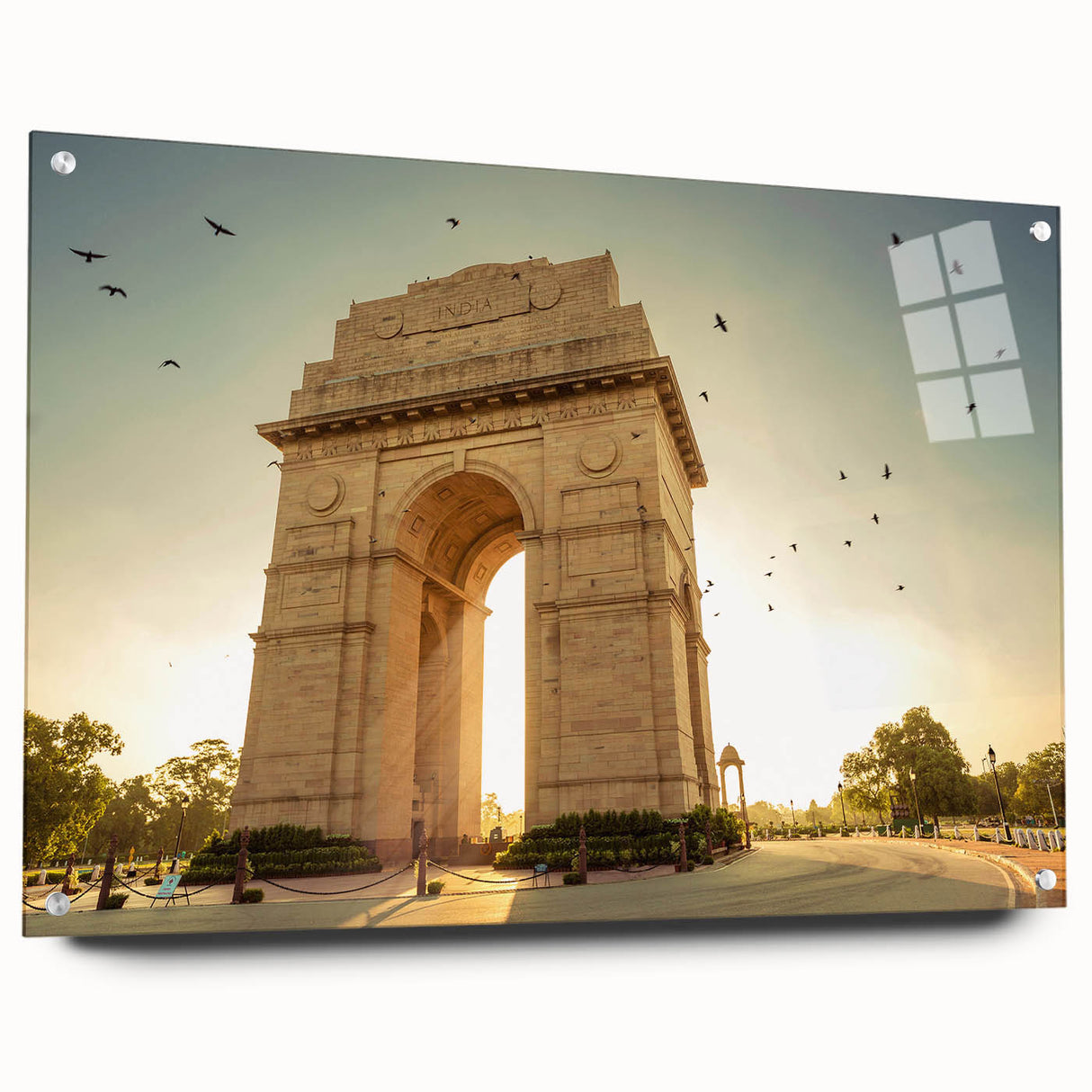 Large abstract wall art of an Indian scenery in vibrant colors on acrylic glass, ideal for dining room decor.