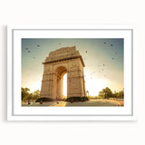 Abstract art print depicting a serene Indian landscape in soft pastel shades, framed with a white mat.