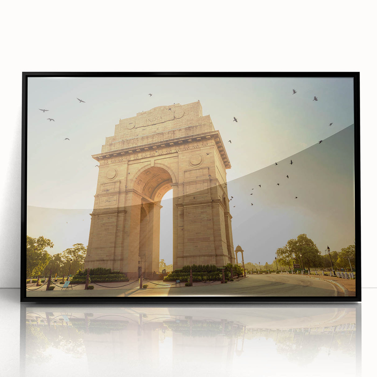 Large abstract wall art depicting a vibrant Indian landscape in acrylic, framed in black, suitable for modern art wall decor.