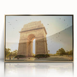 Large art print of a mid-century modernist Indian landscape in muted gold tones on framed acrylic.