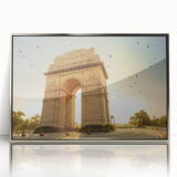 Mid-century modernist art depicting an Asian landscape in muted colors, framed in acrylic, suitable for nursery wall art.