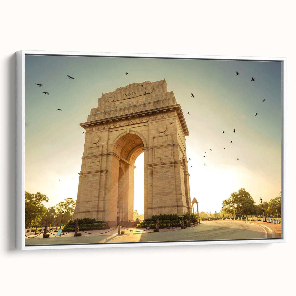 Vintage poster art of an Indian landscape in vibrant colors on extra large framed canvas, ideal for living room decor.