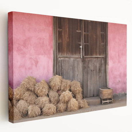 Large stretched canvas of a European Albanian landscape in muted earth tones, ideal for kitchen wall art.