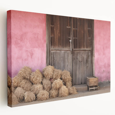 Large stretched canvas of a European Albanian landscape in muted earth tones, ideal for kitchen wall art.