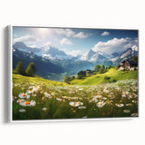 Vintage poster art of a European Austrian landscape, framed canvas with colorful art on black, ideal for living room decor.