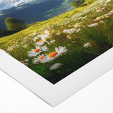 Art deco poster of a serene Austrian landscape in muted green and blue tones, rolled canvas, ideal for dining room wall art.