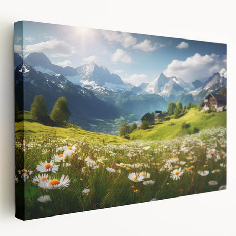 Landscape canvas print of an Austrian village, featuring muted earth tones, ideal for kitchen wall art.